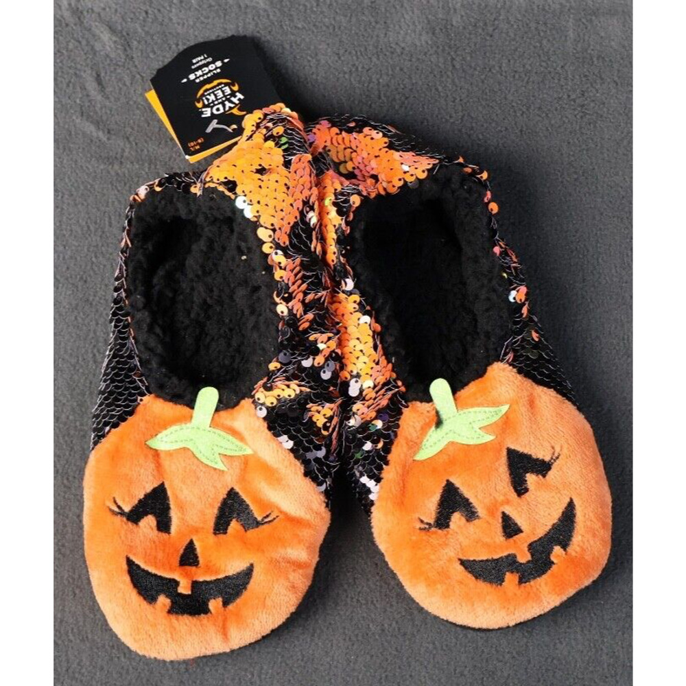 Hyde & Eek - Womens M/L 8-10 - Flip Sequin jack o lantern Slipper Socks - new